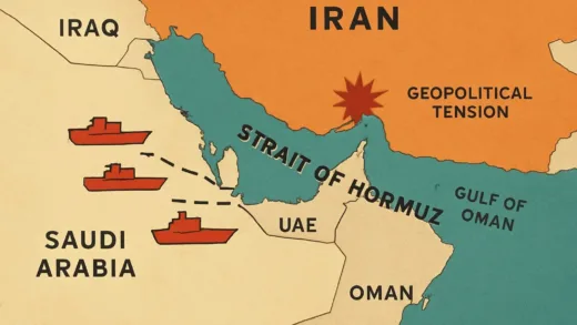 A strategic map showing the Strait of Hormuz as a critical chokepoint, surrounded by oil tankers and geopolitical tension.