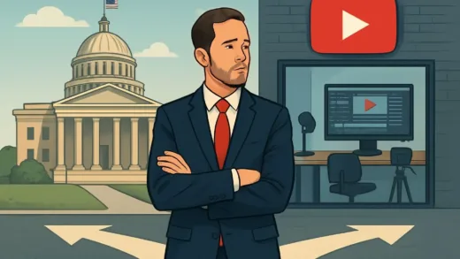 A former public official turned YouTuber standing at a crossroads between a government building and a digital creative studio, symbolizing career transition