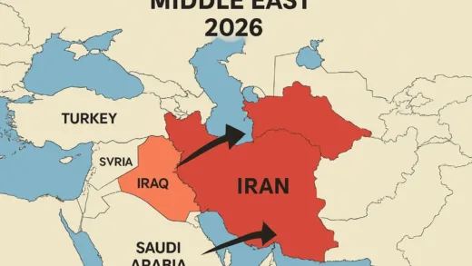 A map of the Middle East with conflict zones highlighted, showing Iran attacking neighboring countries, 2026.