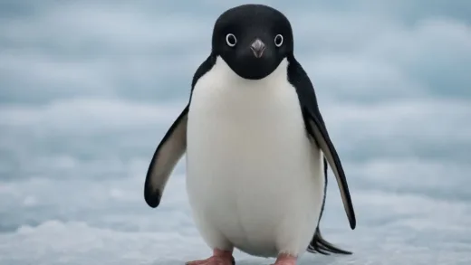 A cute Adélie penguin standing firmly on ice, looking determined but not aggressive, with a curious expression.