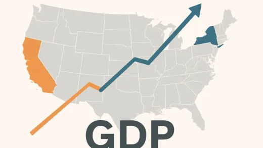 A dynamic infographic showing the US map with California and New York highlighted, overlaid with ascending GDP charts, symbolizing their individual economic power.