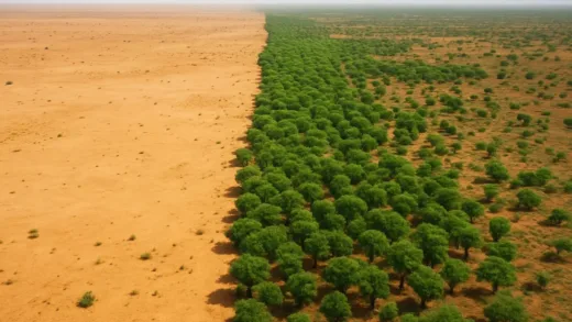 Aerial view of the Great Green Wall project in Africa showing green trees planted across the desert landscape with a contrast between arid land and new vegetation.