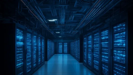 A modern data center with glowing server racks and complex electrical wiring infrastructure, representing AI power consumption