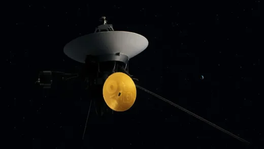 Voyager 1 spacecraft in deep space with Earth visible as a tiny blue dot in the distance, showing golden record and antenna
