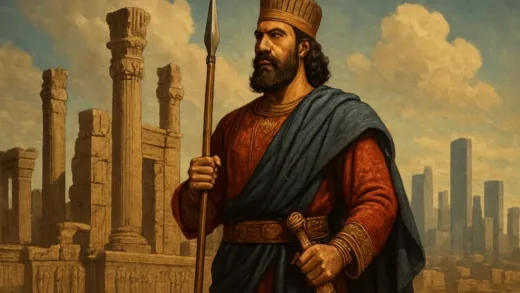 Ancient Persian civilization standing resilient against the backdrop of history, with a modern touch symbolizing endurance.