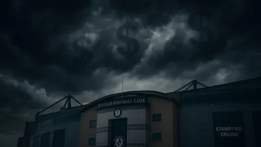 A dramatic image of Chelsea FC's Stamford Bridge stadium under a dark, ominous sky, with money symbols subtly integrated into the clouds, symbolizing a hidden financial network.