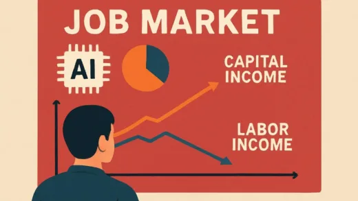 A person looking at a rapidly changing job market with AI symbols, a graph showing capital income rising and labor income falling.