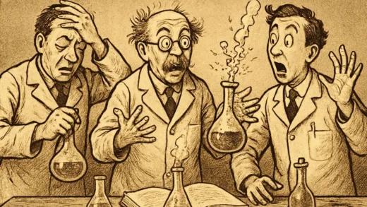 A historical scene showing scientists in lab coats making mistakes with comical expressions, vintage style illustration