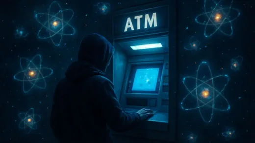 A person using an ATM at night with quantum particles floating in the air, creating a surreal scene that blends everyday life with quantum physics concepts.
