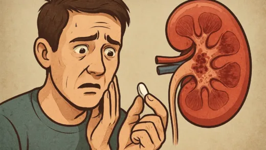 A worried person holding a pill, with a kidney graphic showing some damage in the background.