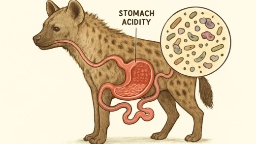 A detailed scientific illustration of a hyena's digestive system showing stomach acidity and microbial environment