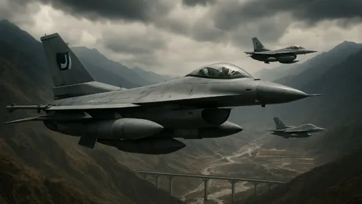 A dramatic image of Pakistani fighter jets in the sky over a mountainous border region, with a subtle hint of Chinese infrastructure projects in the distance, conveying a sense of geopolitical tension.
