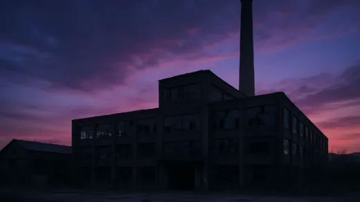 A deserted factory building in Gwangju under a twilight sky, symbolizing the closure of an old industrial site.