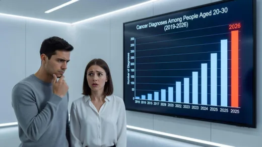 A bar graph showing a steep increase in cancer diagnoses among people aged 20-30 over the past 5 years, with a worried young man and woman looking at the graph in a modern, clean medical setting. The graph should prominently feature the year 2026.