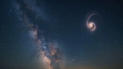 A beautiful night sky with the Milky Way visible, with subtle zodiacal light near the horizon, and a distorted image of a distant star due to gravitational lensing from a black hole.