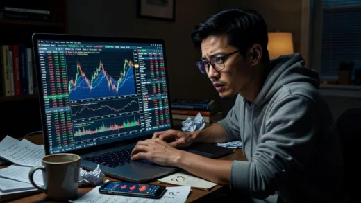 A beginner investor looking at a laptop screen with too many complex stock charts, feeling overwhelmed.