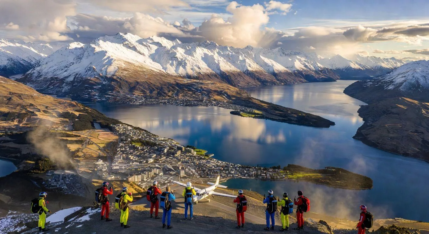A breathtaking aerial view of Queenstown, New Zealand with snow-capped mountains, Lake Wakatipu, and adventure seekers preparing for skydiving. The sky is partly cloudy with dramatic lighting.