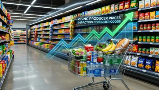 A bright, modern supermarket aisle with a shopping cart in the foreground. The cart is filled with diverse groceries, and a glowing financial chart showing an upward trend is subtly superimposed behind it, symbolizing rising producer prices impacting consumer goods.