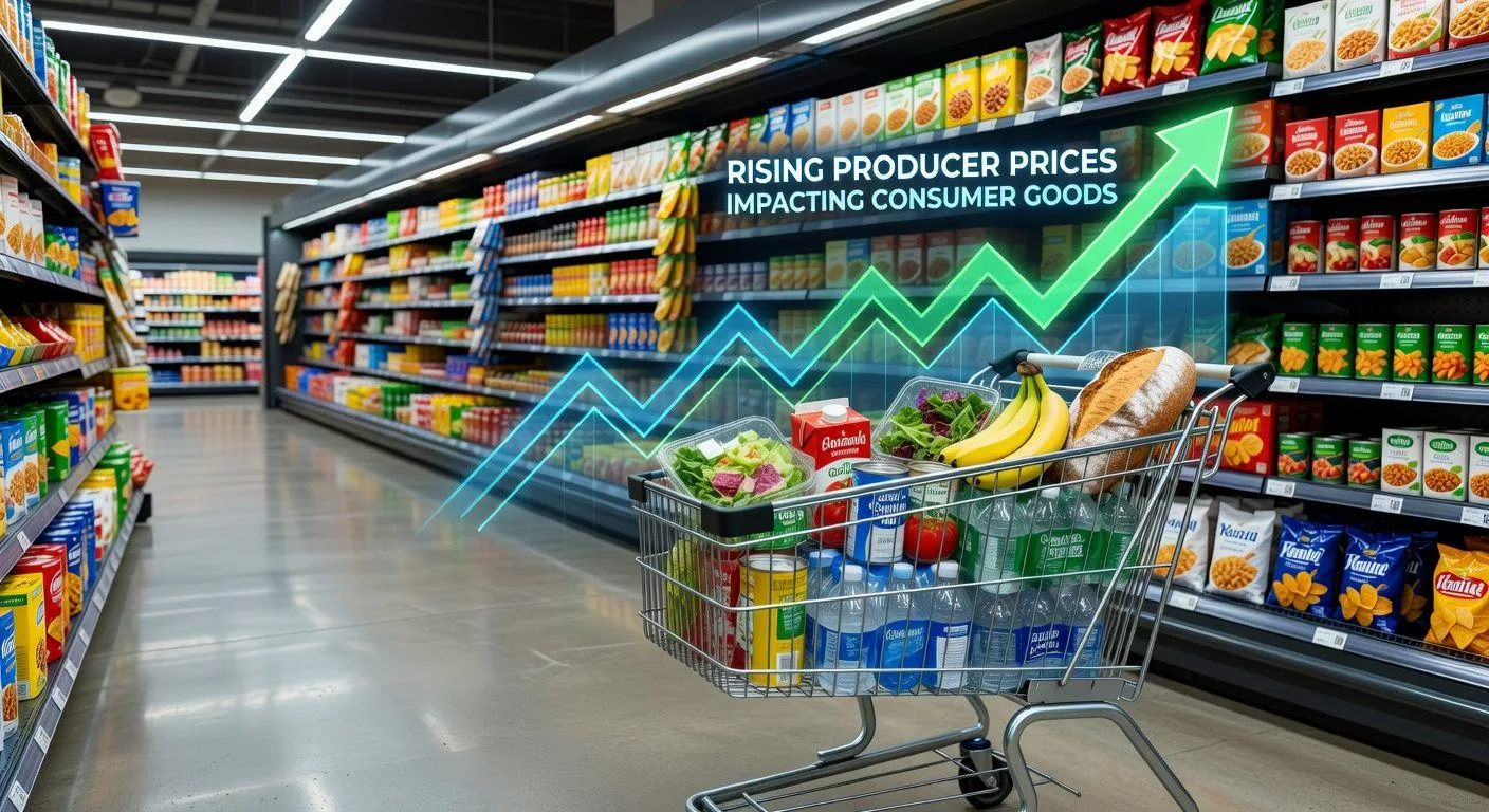 A bright, modern supermarket aisle with a shopping cart in the foreground. The cart is filled with diverse groceries, and a glowing financial chart showing an upward trend is subtly superimposed behind it, symbolizing rising producer prices impacting consumer goods.