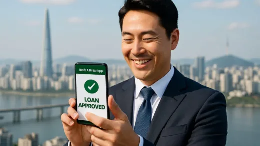 A businessman happily using a mobile banking app on smartphone with Seoul city skyline in background, showing loan approval notification