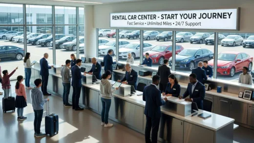A bustling airport rental car counter with rows of cars, representing the start of a journey. The counter is clean and well-lit with natural light streaming in.