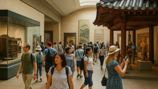 A bustling scene inside the National Folk Museum of Korea, with a diverse crowd of foreign tourists eagerly exploring exhibits, modern and traditional elements blending seamlessly, natural light illuminating the space.