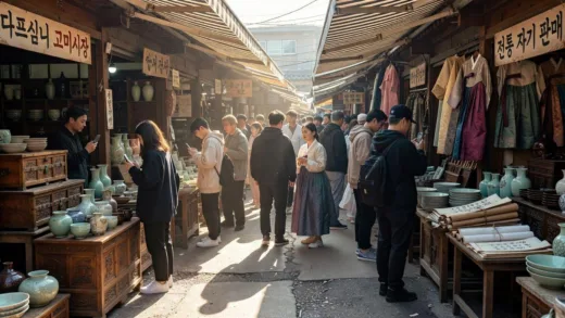 A bustling, vibrant antique market in Dapsimni, Seoul, with a blend of modern visitors and traditional Korean antique items. Sunlight streaming in, showcasing a lively atmosphere.