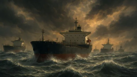 A chaotic scene at the Hormuz Strait, with oil tankers struggling to pass, surrounded by rough seas and a dramatic, tense sky, reflecting global economic anxiety in 2026.