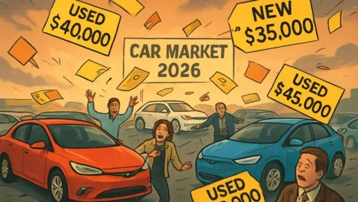 A chaotic scene in a car market with price tags falling, reflecting a turbulent electric vehicle market in 2026. Price tags for used EVs are surprisingly higher than new ones.