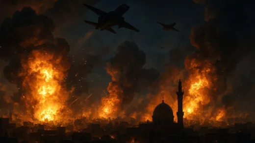 A chaotic scene of explosions and smoke over a Middle Eastern city at night, with military aircraft in the sky, representing the initial phase of the US-Iran war in 2026.
