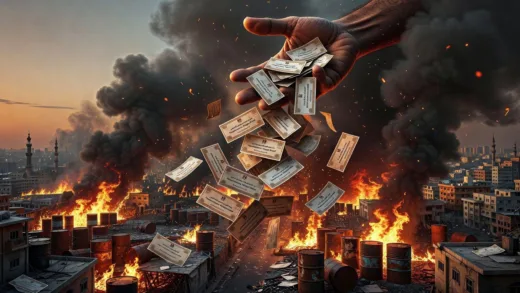 A chaotic scene with oil barrels on fire, representing the Middle East conflict, and a giant hand distributing coupons over a city, illustrating the supplementary budget and consumer coupons.