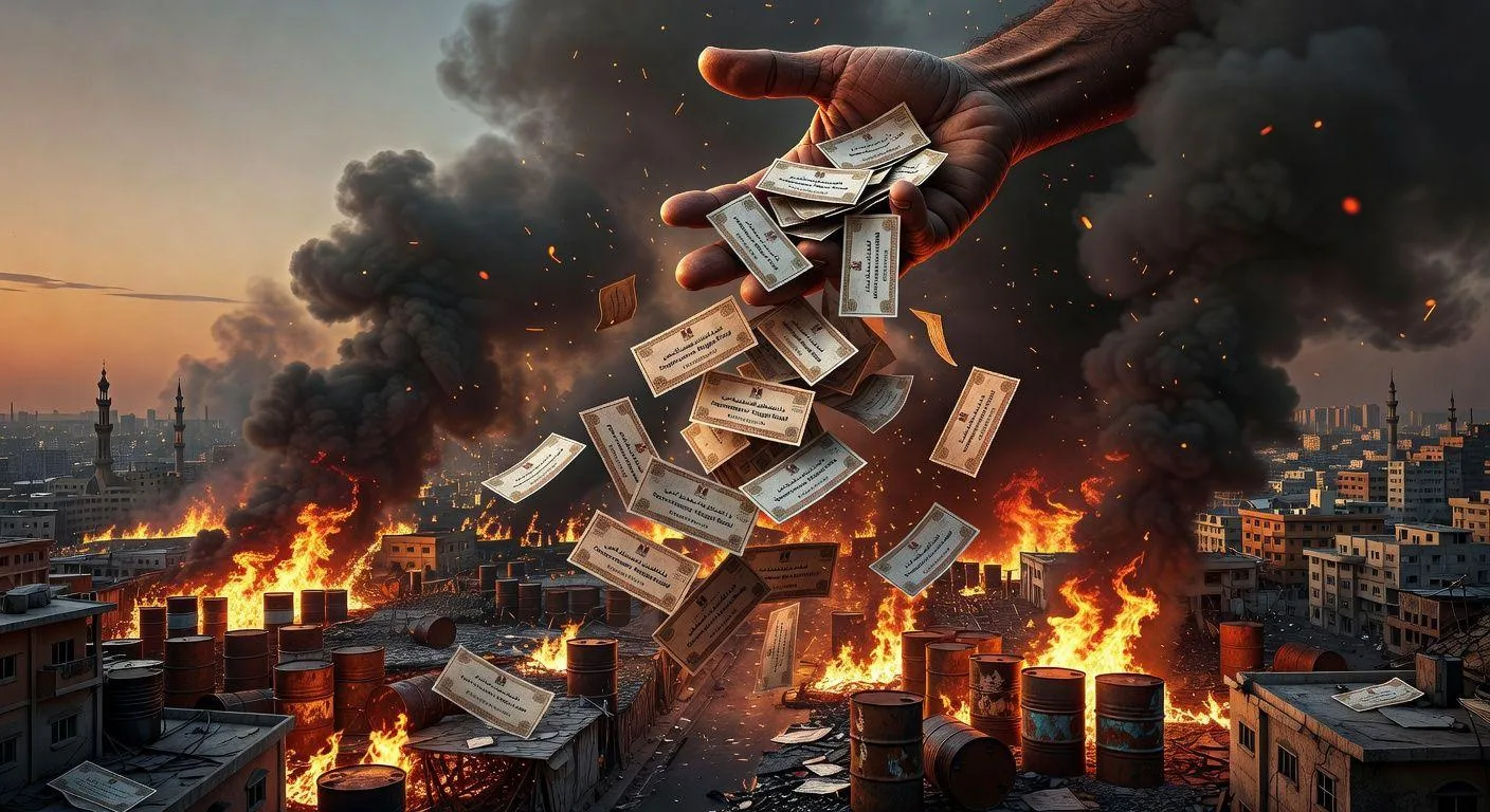 A chaotic scene with oil barrels on fire, representing the Middle East conflict, and a giant hand distributing coupons over a city, illustrating the supplementary budget and consumer coupons.