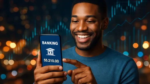 A cheerful person confidently using a smartphone banking app, with a background showing blurred city lights and digital financial graphs, representing modern mobile banking ease, 2026.
