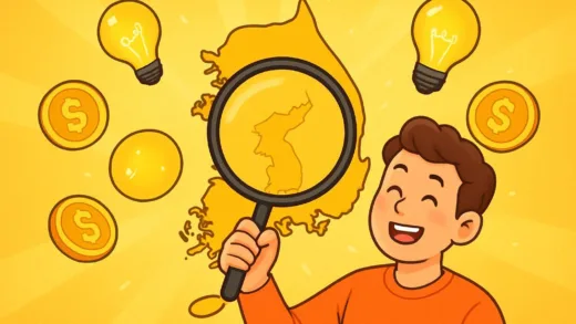 A cheerful person holding a magnifying glass over a map of Korea, with coins and lightbulbs floating around, representing discovering local government support funds. The atmosphere is bright and hopeful.