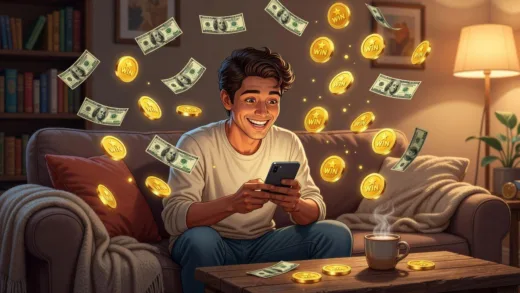 A cheerful person playing a mobile game on their phone, with dollar bills and reward coins floating around them, in a cozy home setting, digital illustration style.