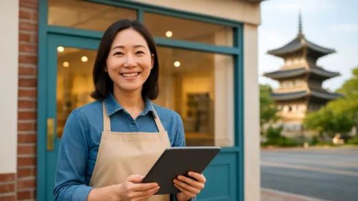 A cheerful small business owner standing in front of a newly renovated shop, holding a tablet for digital transformation, with an Icheon city landmark subtly in the background, bright and hopeful atmosphere.
