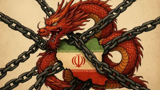 A Chinese dragon entangled in chains with an Iranian map, symbolizing a deal gone wrong.