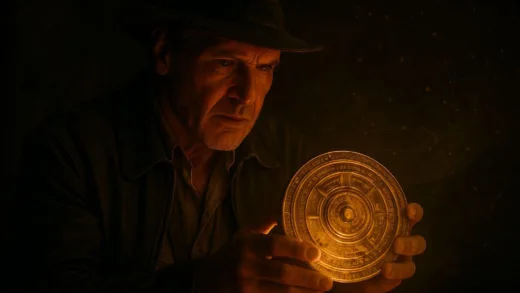 A cinematic scene depicting Indiana Jones holding a mysterious ancient dial, with a subtle overlay of gears and constellations, hinting at the Antikythera Mechanism. The dial is glowing softly, suggesting ancient technology.