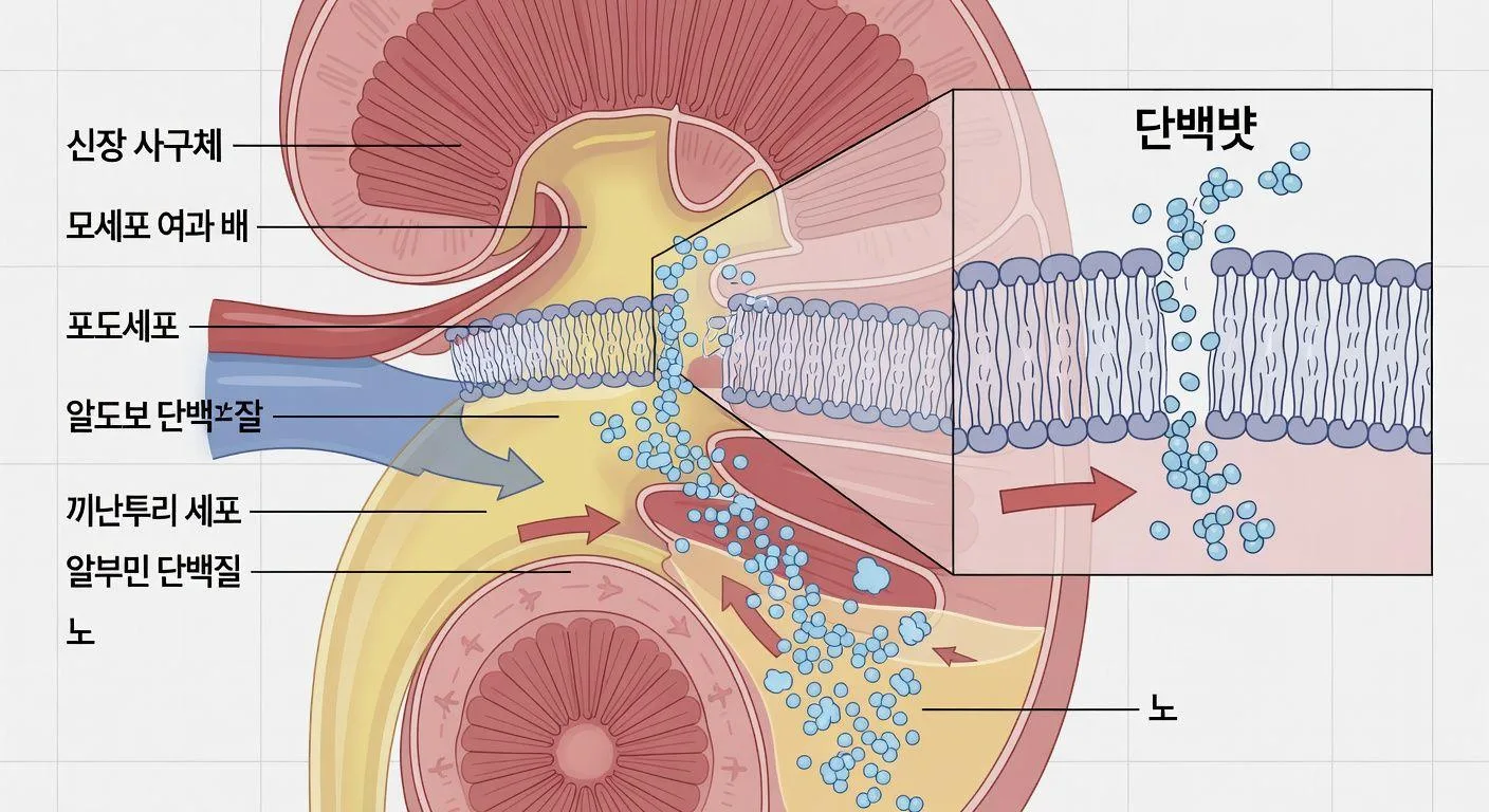 A close-up medical illustration showing proteinuria with microscopic view of kidney filters leaking albumin proteins into urine, scientific diagram style with labels in Korean.