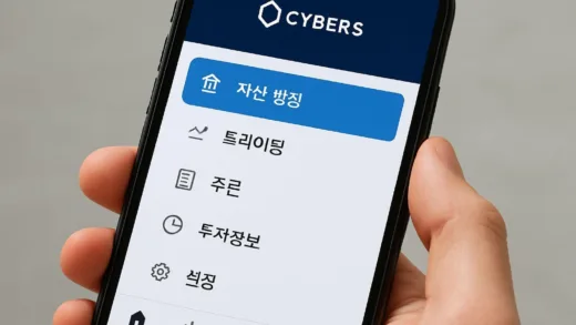A close-up of a user's hand holding a modern smartphone, displaying the Cybers mobile trading app. The app's main menu is open, with the "자산 뱅킹" option clearly highlighted. The screen is bright and user-friendly.