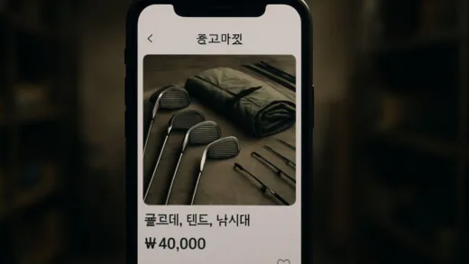 A close-up shot of several golf clubs, a folded tent, and fishing rods neatly displayed on a second-hand marketplace app screen on a mobile phone, with a blurred background of a dimly lit storage room, symbolizing forgotten hobbies and financial struggles. The screen shows Korean text.