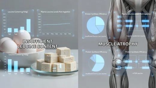 A comparison image showing eggs and tofu on one side, with muscle atrophy on the other side. Medical charts and protein absorption diagrams in the background, highlighting the insufficient leucine content.