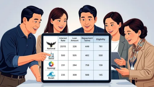 A comparison table showing four different loan products for small businesses, with distinct icons representing each region (national, Seoul, Gyeonggi, Busan). The table should be clear and easy to understand on a mobile screen, with a diverse group of small business owners looking at it with hopeful expressions. Modern, friendly infographic style.