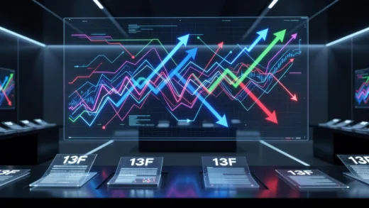 A complex financial chart with various arrows pointing in different directions, representing market uncertainty. In the foreground, stylized documents labeled "13F" are visible, hinting at transparency. The scene is futuristic, reflecting 2026.