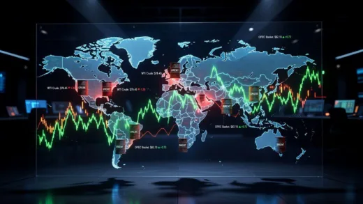 A complex global map with oil barrels and stock market graphs overlaid, symbolizing the international oil trading and price determination.