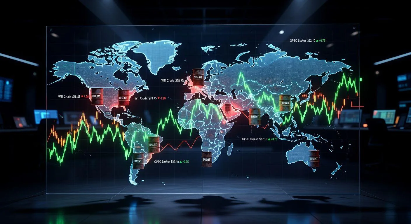 A complex global map with oil barrels and stock market graphs overlaid, symbolizing the international oil trading and price determination.