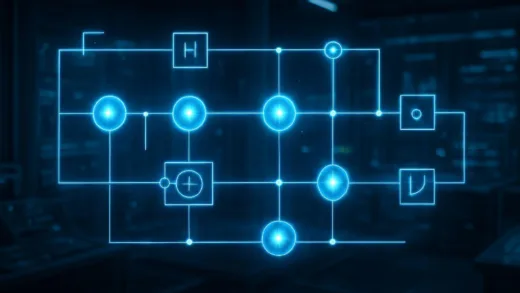 A complex quantum circuit with glowing qubits, emphasizing precision and accuracy, in a futuristic lab.