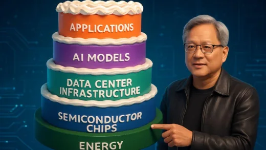 A conceptual 3D illustration of a 5-layer cake floating in a tech environment, each layer distinctly colored and labeled: Energy, Semiconductor Chips, Data Center Infrastructure, AI Models, Applications, with Jensen Huang standing next to it pointing at the base layer.