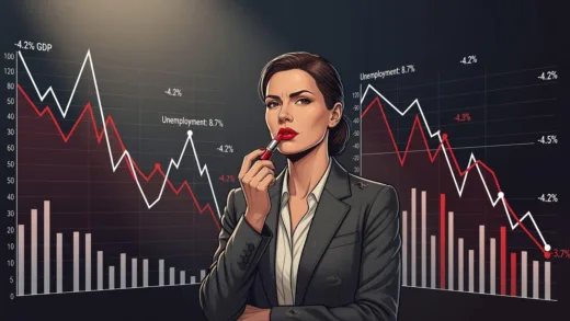 A conceptual illustration of lipstick effect economics showing a woman applying lipstick while economic charts decline in the background, symbolic representation