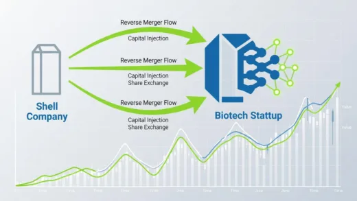 A conceptual illustration showing a SPAC merger process with a shell company merging with a biotech startup, arrows showing reverse merger flow, stock market chart in background, clean corporate style